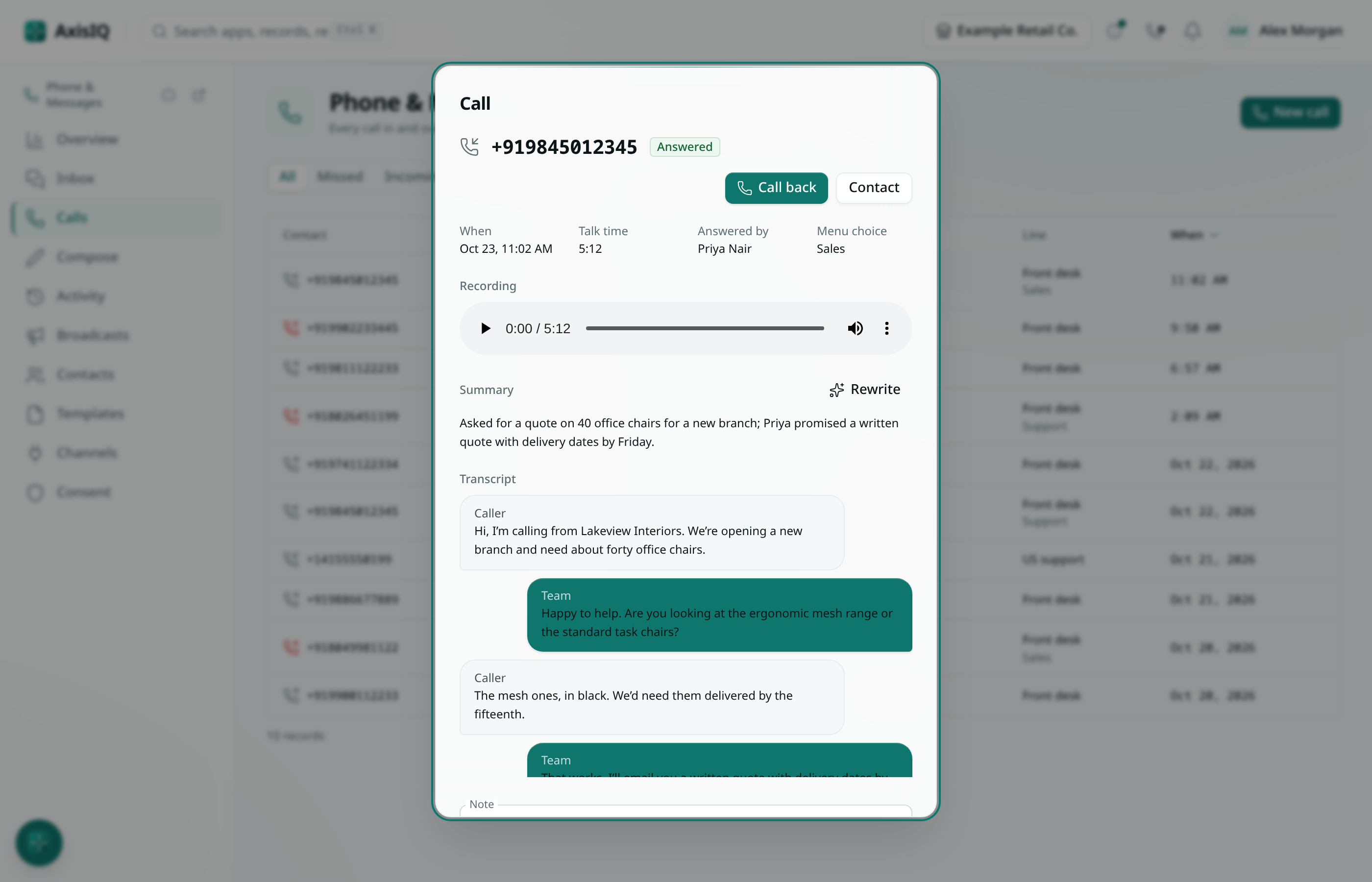 A call with its recording, AI summary and transcript