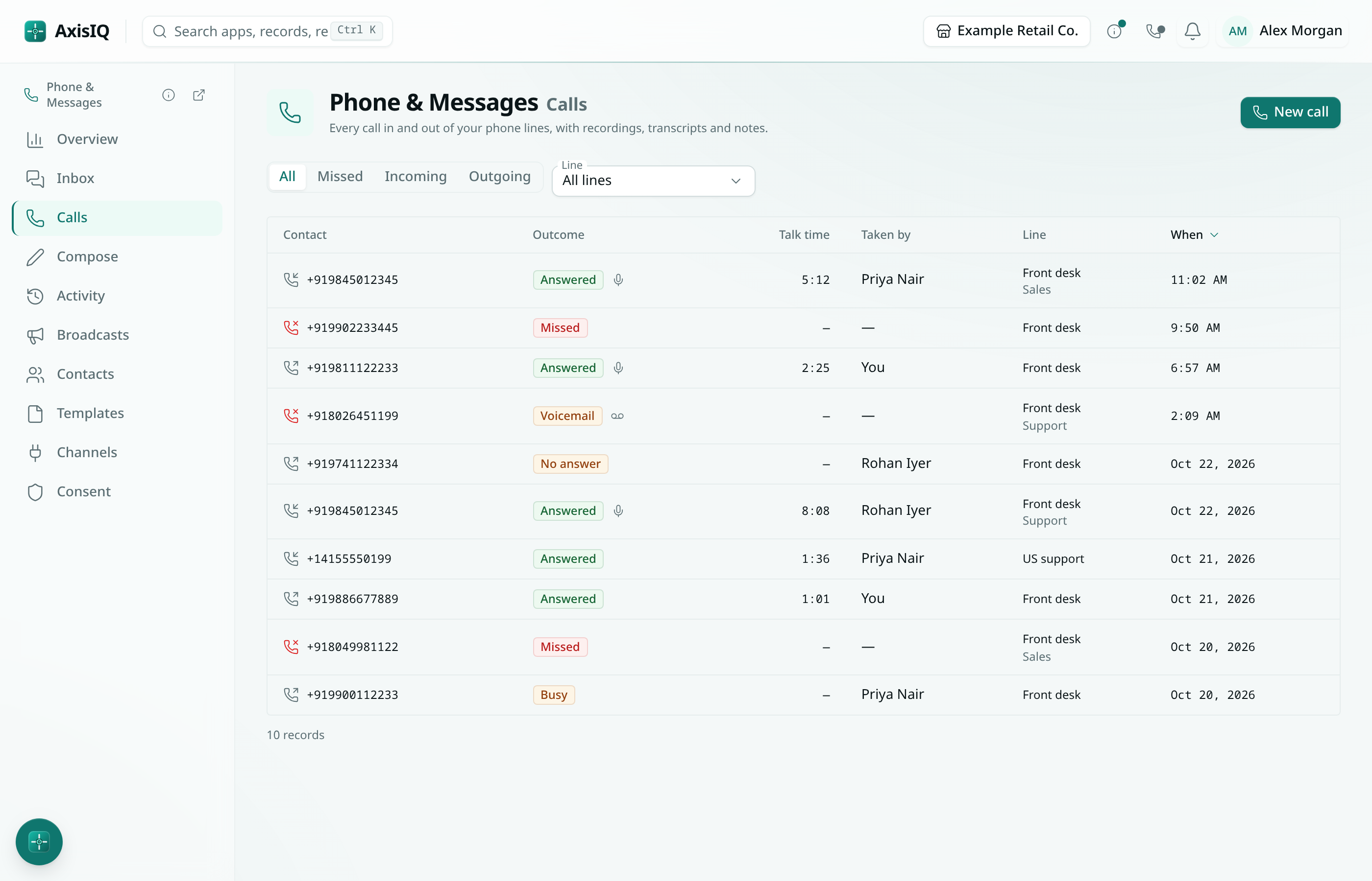 The Phone & Messages call log