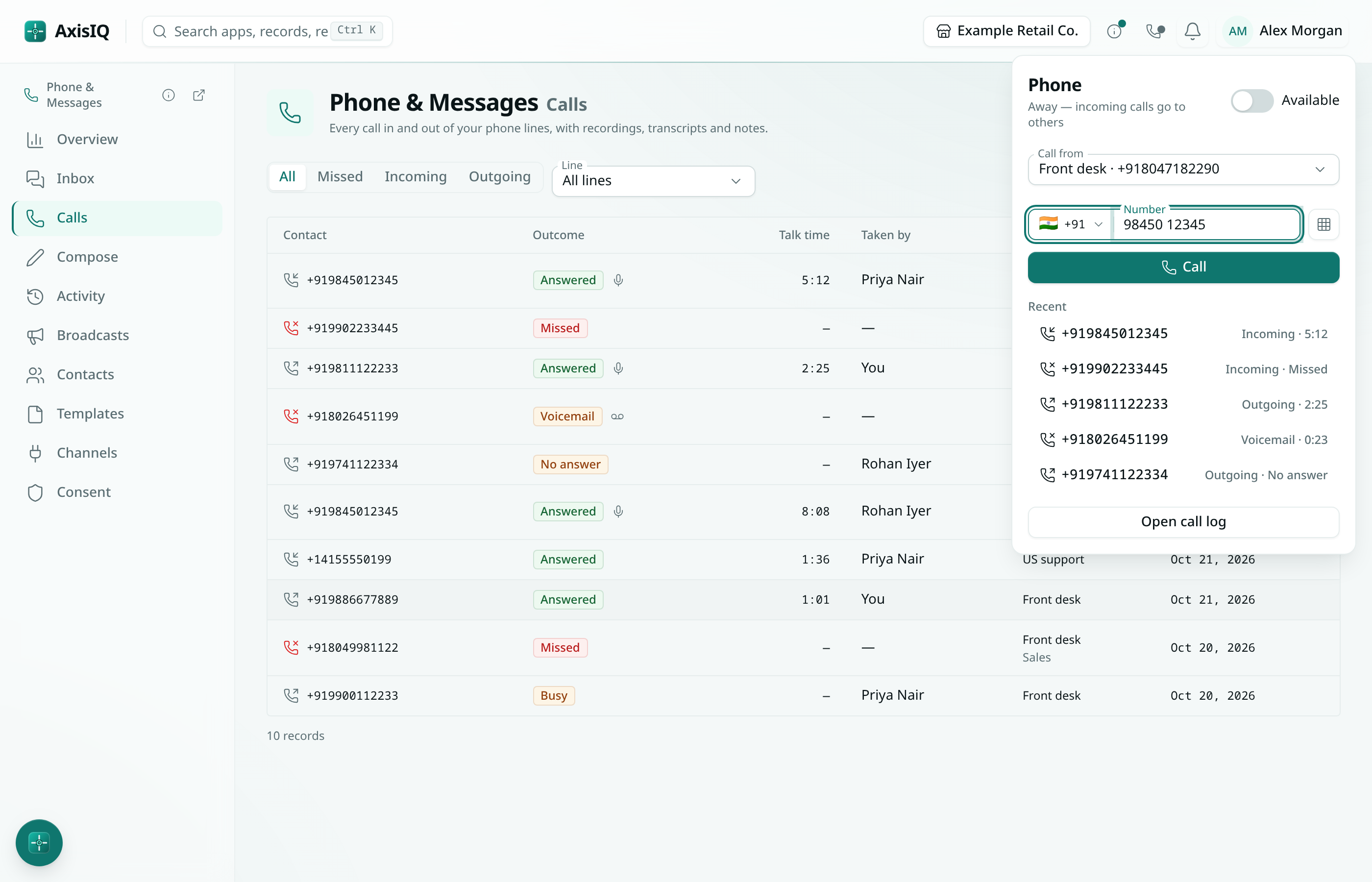 The phone panel: Available switch, the line to call from, the number, Call and recent calls