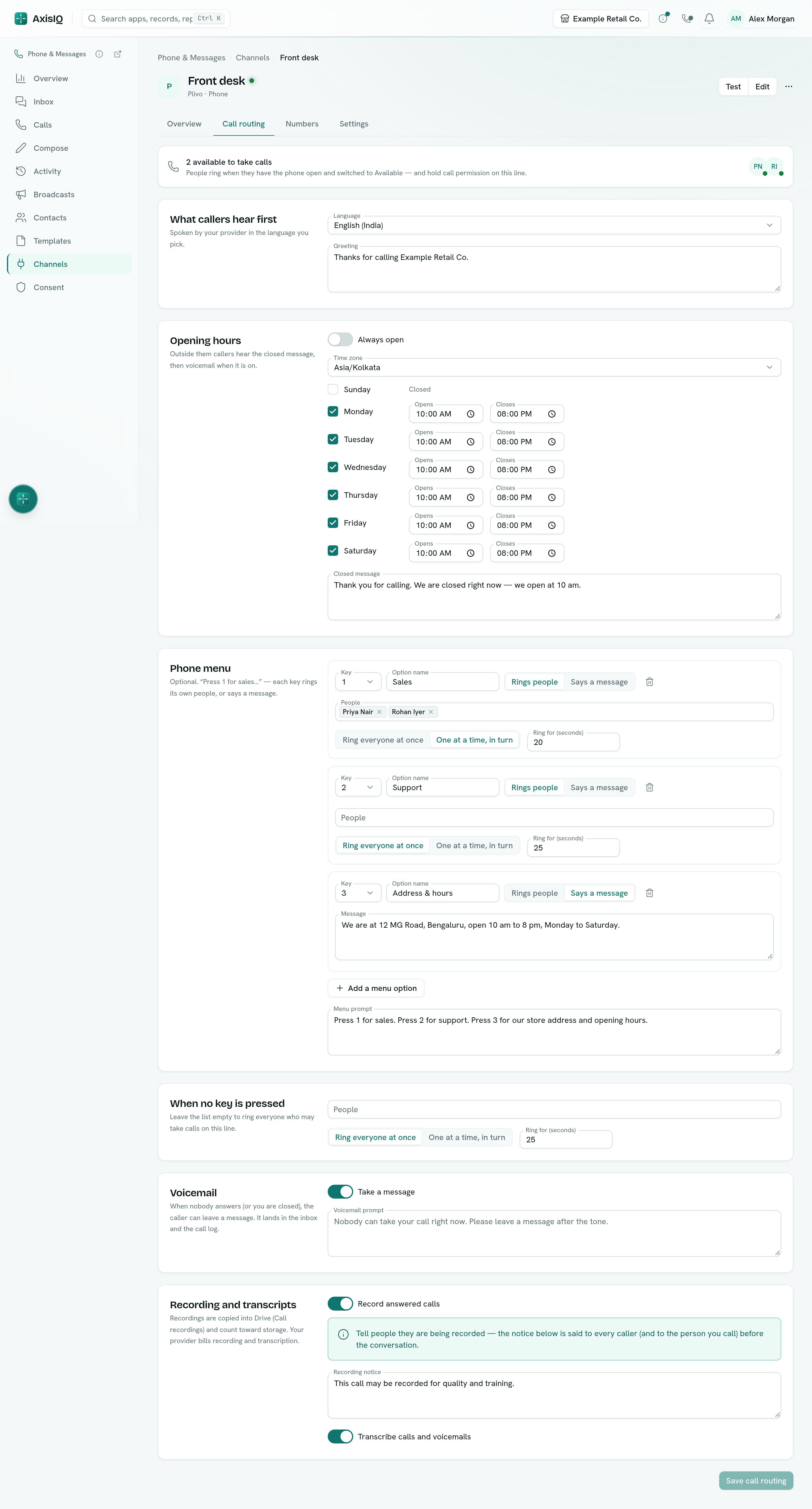 Call routing: greeting, opening hours, phone menu and ring groups